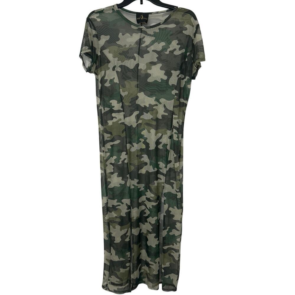 Y2K Sheer Mesh Camo Maxi Dress Double Slit Grunge Festival Club Baby Phat XL